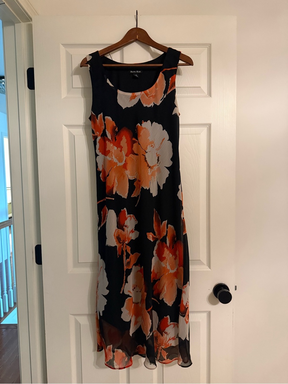 Dana Kay Black Maxi Dress with Orange and Cream Floral Design